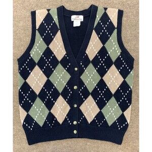 Vintage Argyle Sweater Womens L Cardigan Vest 80s Preppy Diamond Plaid Knit